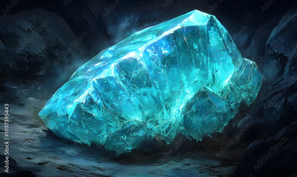Fototapeta premium Glowing cyan crystal rests on dark rocks.
