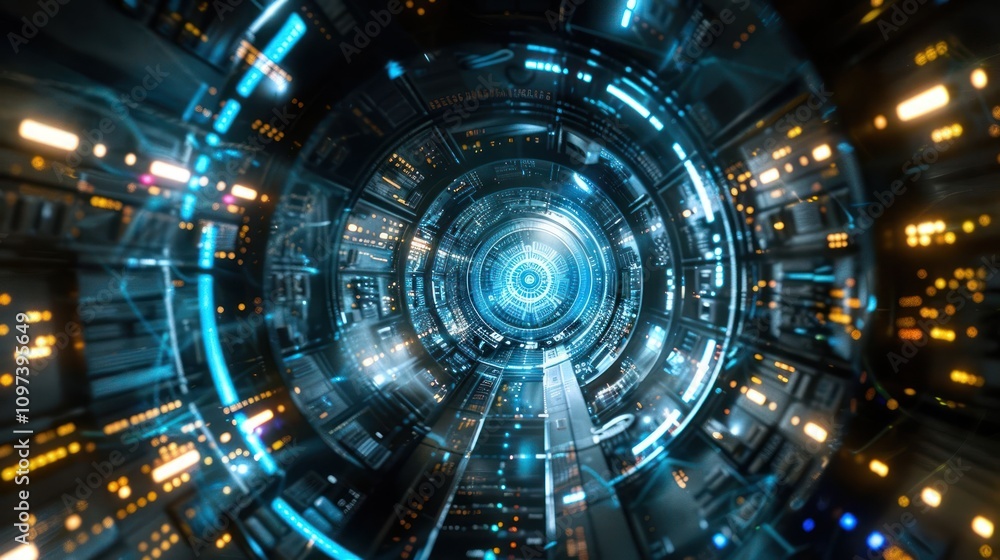 Futuristic tunnel with glowing technology and intricate circuitry. Futuristic tunnel with glowing technology and intricate circuitry.