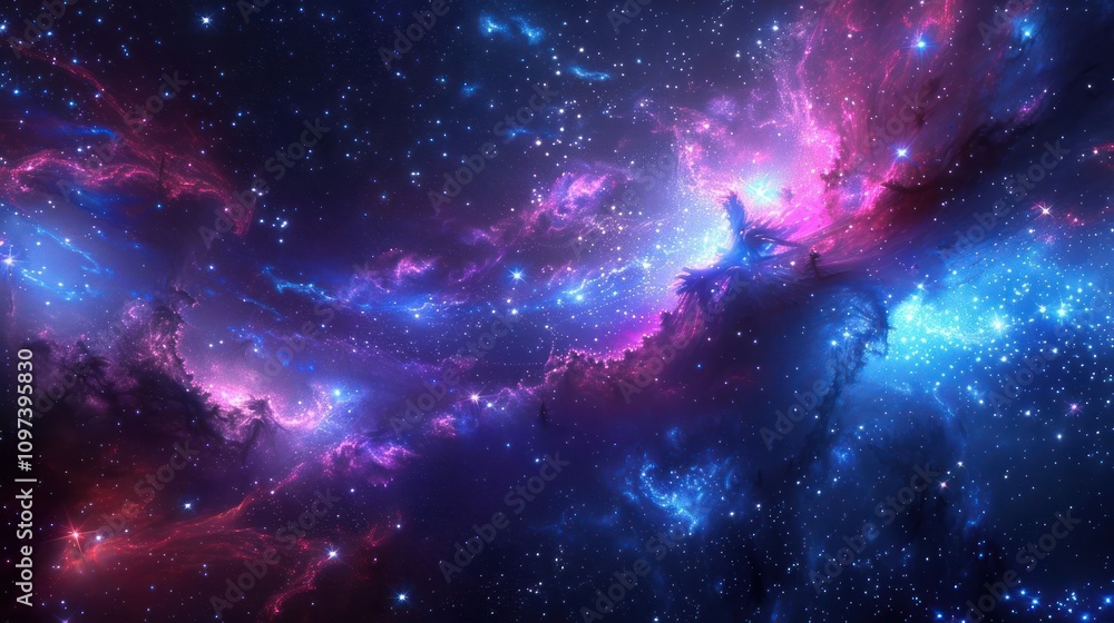 Naklejka premium A vibrant cosmic scene showcasing colorful nebulae and stars in deep space.