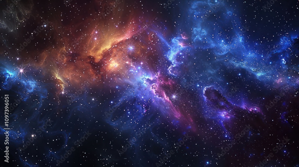 Naklejka premium A vibrant cosmic scene showcasing colorful nebulae and stars in deep space.