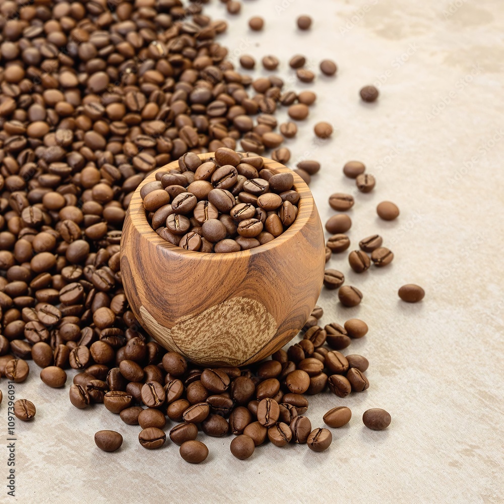 Fototapeta premium Coffee beans in a wooden cup with a subtle background texture , texture, cup, subtle, background, wooden