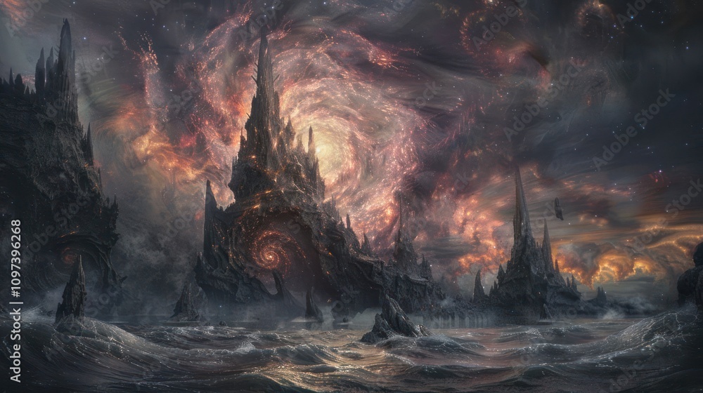 Naklejka premium A surreal cosmic landscape featuring towering structures and swirling galaxies.