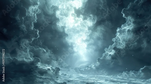 A dramatic sky filled with swirling clouds and light, evoking a sense of wonder.