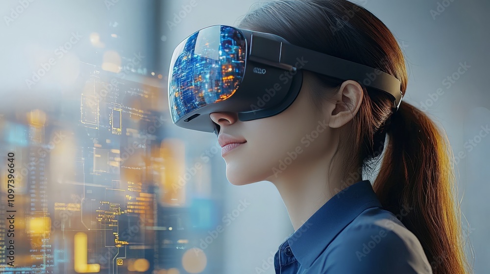 Side profile of a woman wearing futuristic VR goggles in a brightly lit modern environment symbolizing virtual reality exploration technological progress and advanced interactive design Side profile of a woman wearing futuristic VR goggles in a brightly lit modern environment symbolizing virtual reality exploration technological progress and advanced interactive design