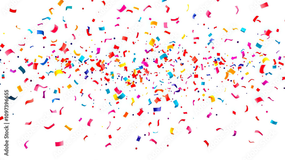 Colourful confetti exploding in mid-air against a plain white background, art, colour explosion Colourful confetti exploding in mid-air against a plain white background, art, colour explosion