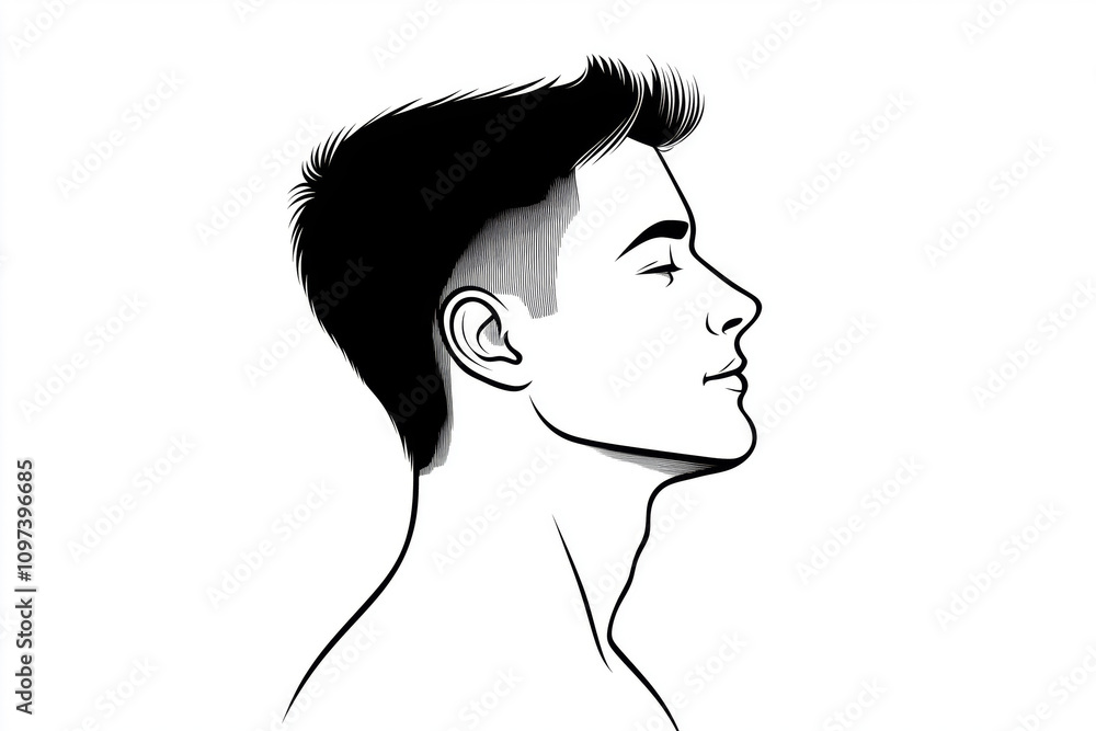 Illustration of a young man’s side profile, drawn in black and white with smooth lines Illustration of a young man’s side profile, drawn in black and white with smooth lines