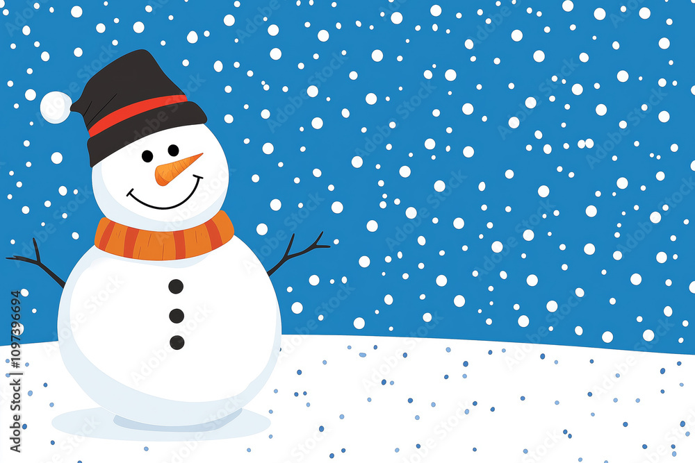 Illustration of a snowman wearing a black hat and orange scarf, standing amidst falling snowflakes on a bright blue background, winter Illustration of a snowman wearing a black hat and orange scarf, standing amidst falling snowflakes on a bright blue background, winter