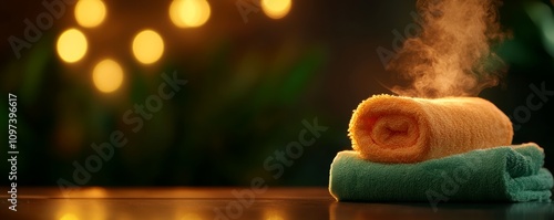 A serene image featuring rolled towels, with steam rising and soft bokeh lights in the background, evoking relaxation and wellness.