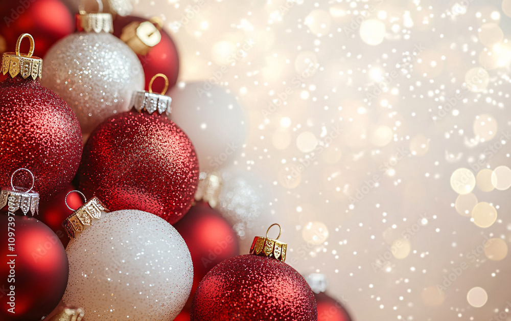 A festive Christmas image with glossy red, matte white, and shimmering gold ornaments, perfect for holiday greetings, decorations, or marketing materials. A festive Christmas image with glossy red, matte white, and shimmering gold ornaments, perfect for holiday greetings, decorations, or marketing materials.