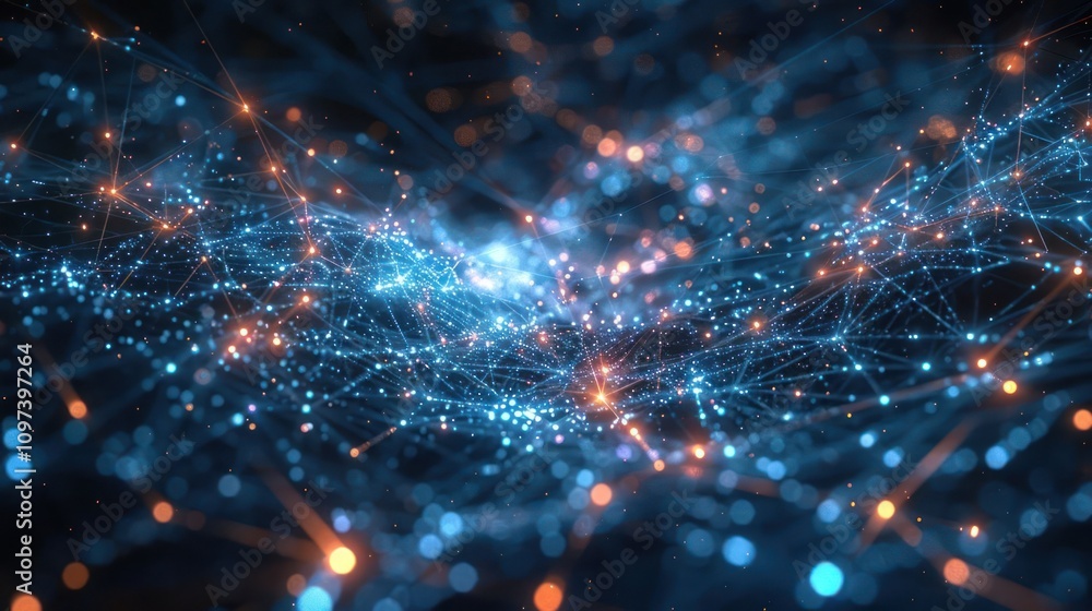 Obraz premium Abstract digital visualization of interconnected nodes and lines, representing data flow.