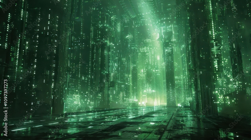 Obraz premium A futuristic digital landscape with green glowing structures and a mysterious ambiance.