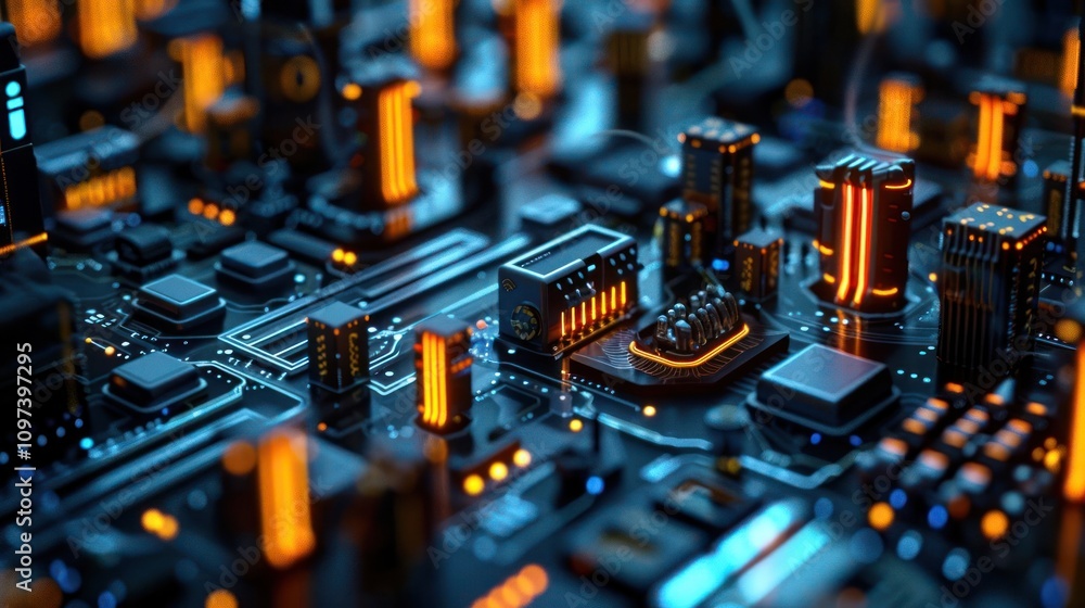 A close-up view of a futuristic circuit board with glowing components. A close-up view of a futuristic circuit board with glowing components.