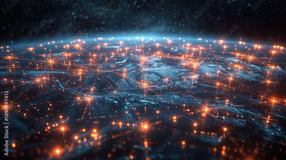A digital representation of a networked Earth with glowing connections. A digital representation of a networked Earth with glowing connections.