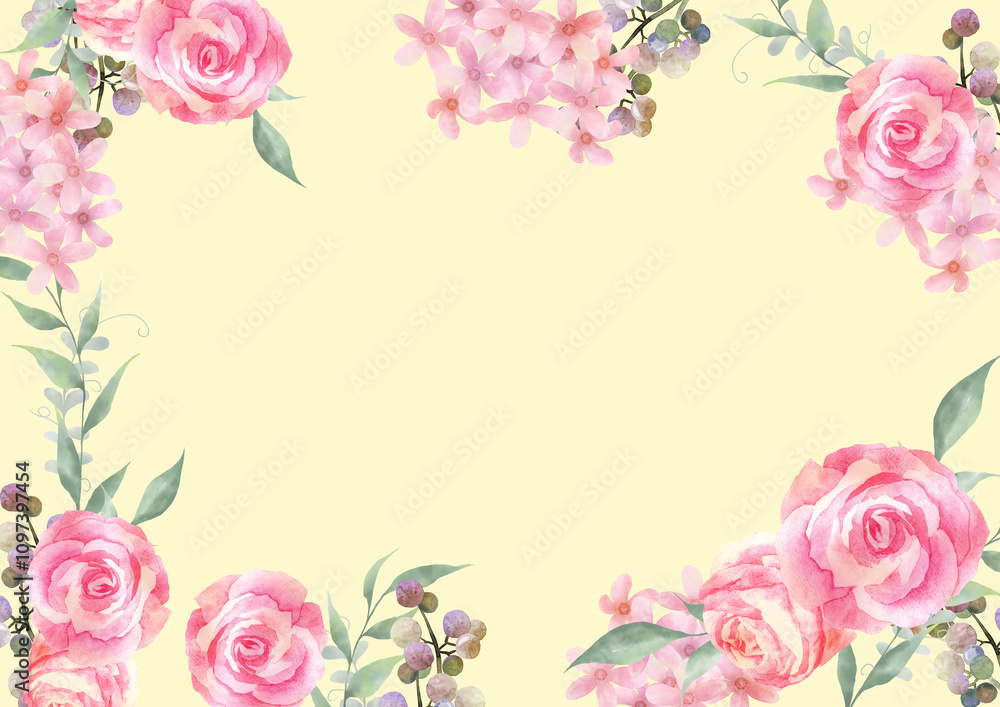 水彩で描いたピンクの薔薇のフレーム　クリーム色背景