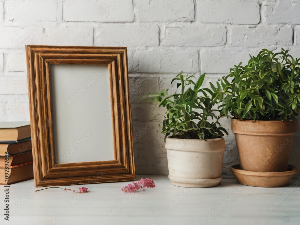 Flowers and green plants enhance the blank wooden frame's elegance. Flowers and green plants enhance the blank wooden frame's elegance.