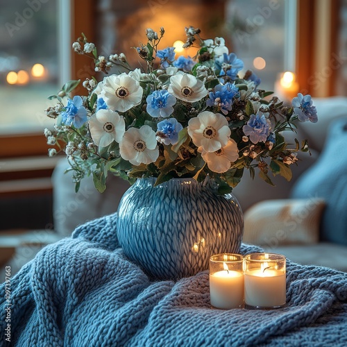 Blue Vase Holds White And B...
