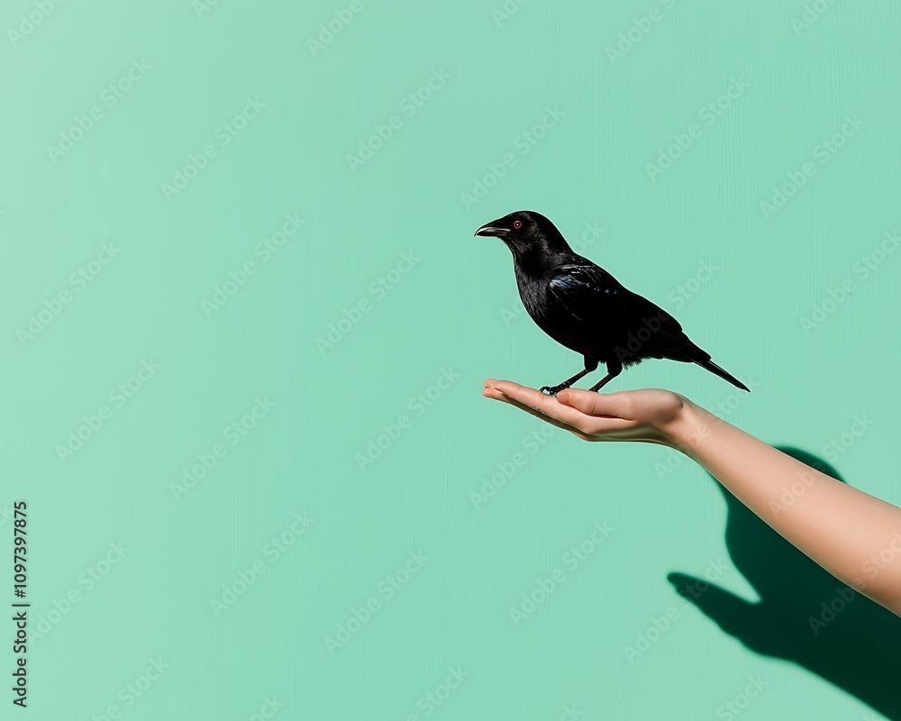 Hand Holding a Black Bird on a Mint Green Background Hand Holding a Black Bird on a Mint Green Background