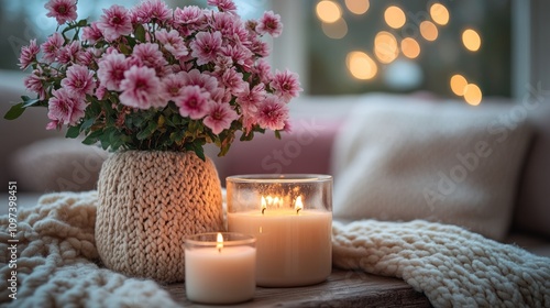 Pink flowers candles and co...