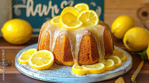 Bundt cake. A delicious lemon bundt cake topped with icing and garnished with lemon slices, served on a decorative plate, with fresh lemons in the background.