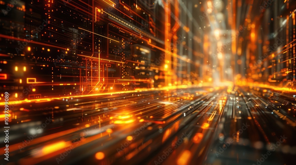 Abstract digital landscape with glowing lines and particles representing technology and data. Abstract digital landscape with glowing lines and particles representing technology and data.