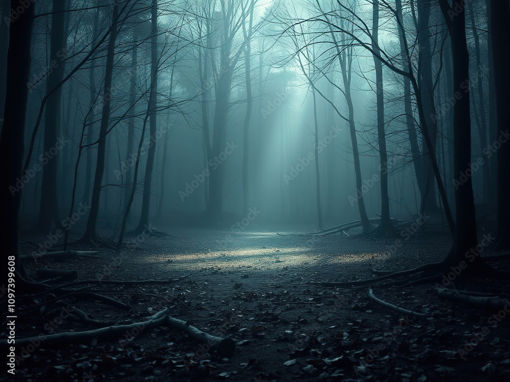 Obraz premium Forest clearing with fallen branches and leaves in a grunge blue background, fallen branches, overgrown vegetation, forest clearing, trees