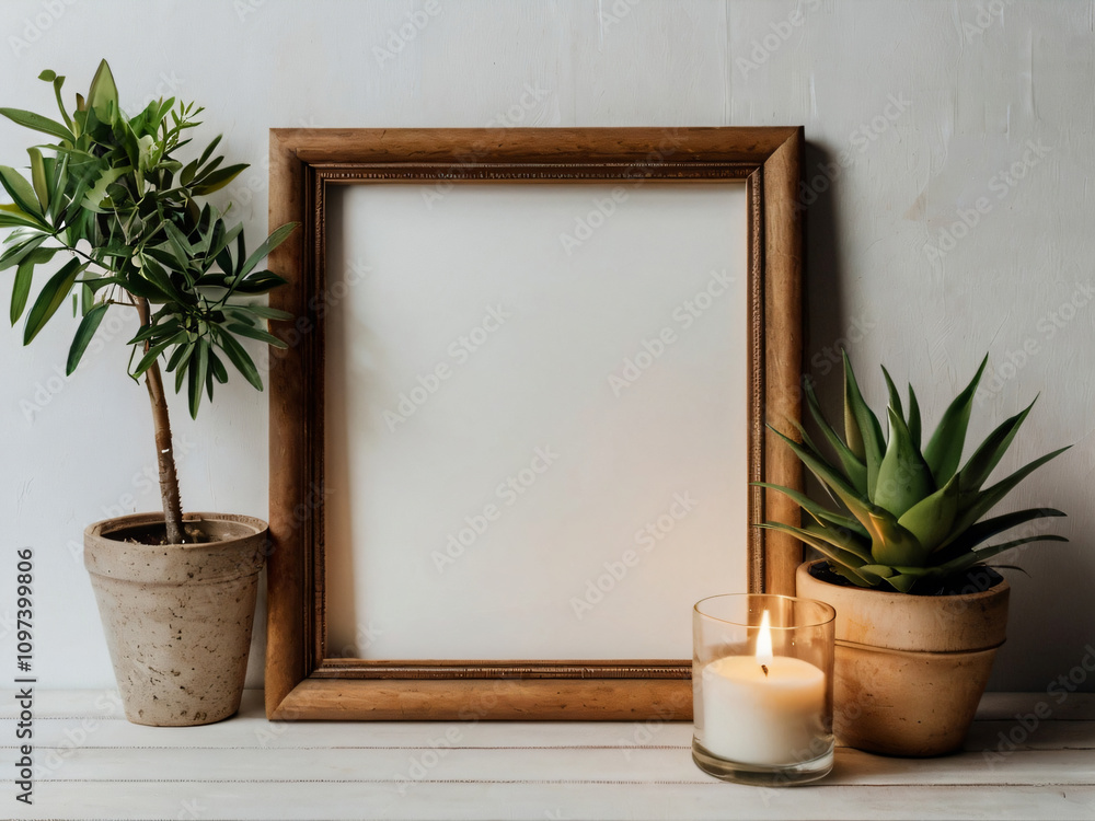 A wooden picture frame adorned with plants. A wooden picture frame adorned with plants.