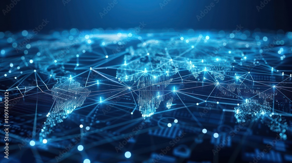 A digital representation of a global network with interconnected nodes and data visualization. A digital representation of a global network with interconnected nodes and data visualization.
