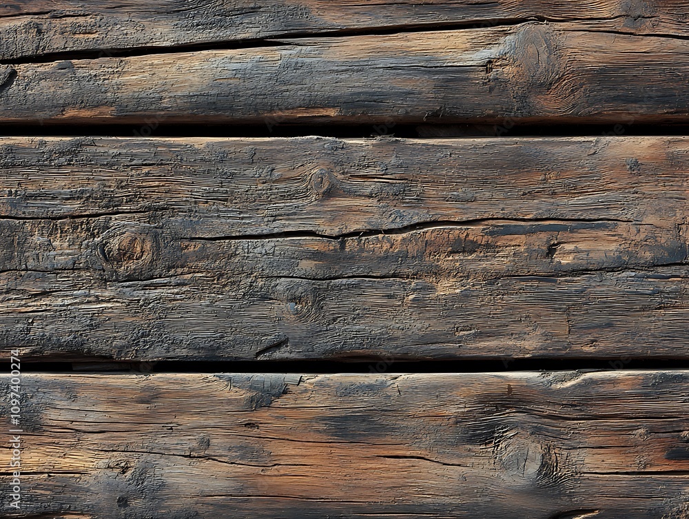 Naklejka premium Aged wood texture with a rough surface and deep grain lines in various shades of brown and black, showcasing natural imperfections and rustic characteristics.