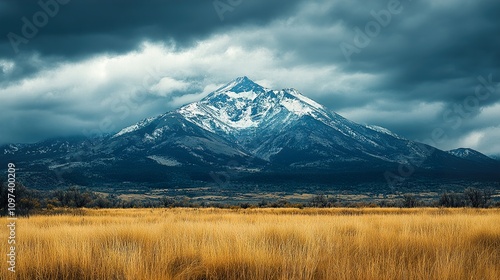 Majestic Snow-Capped Mountain Peak under a Dramatic Sky