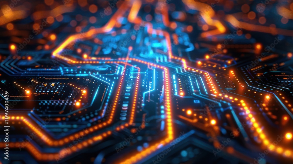 Abstract close-up of a circuit board with glowing lines and nodes, representing technology. Abstract close-up of a circuit board with glowing lines and nodes, representing technology.