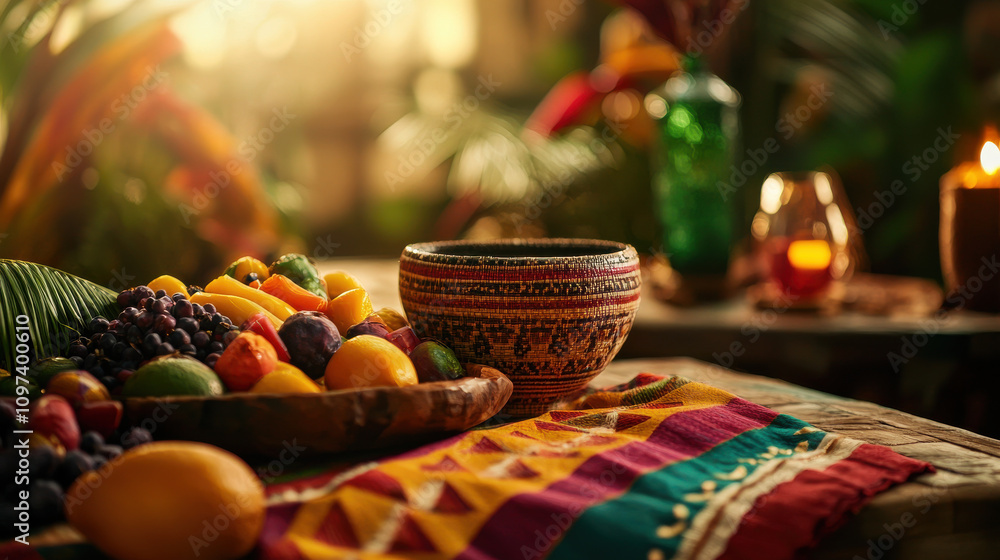 vibrant arrangement of fruits and decorative bowl on colorful cloth vibrant arrangement of fruits and decorative bowl on colorful cloth