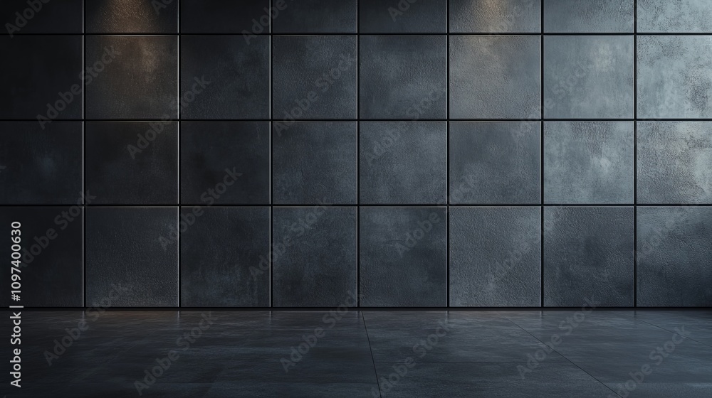 Modern interior with a black wall featuring dark gray square tiles and concrete floor, illuminated by studio lighting. Ultra-realistic design with minimalistic decor, modern style ambiance. Modern interior with a black wall featuring dark gray square tiles and concrete floor, illuminated by studio lighting. Ultra-realistic design with minimalistic decor, modern style ambiance.