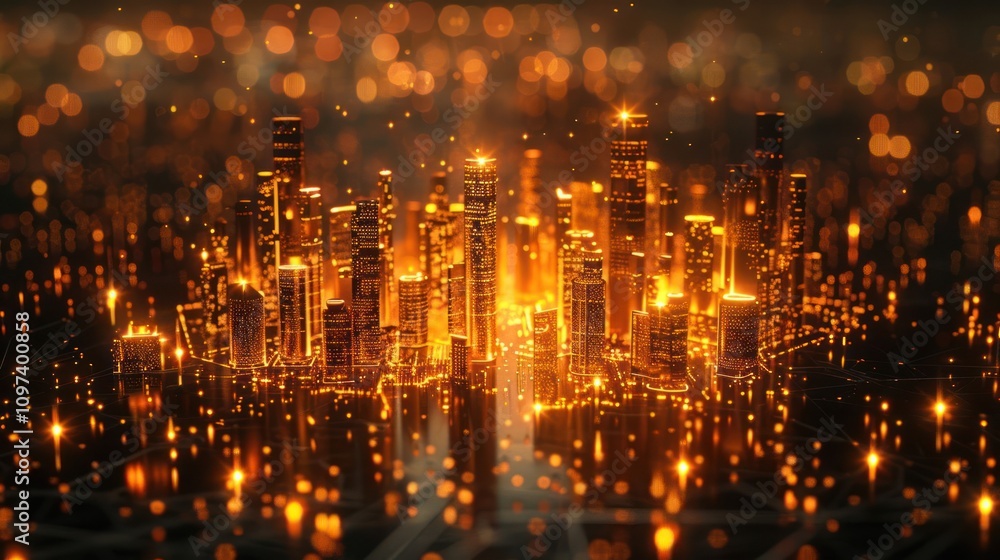 Fototapeta premium A glowing cityscape with shimmering lights and a digital feel.