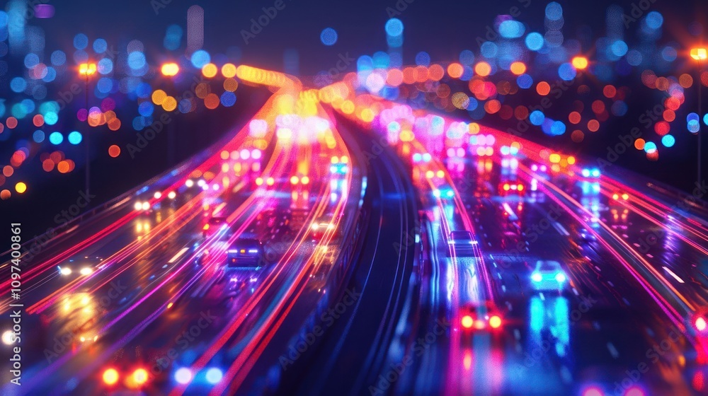 A vibrant night scene of a highway filled with moving vehicles and colorful lights. A vibrant night scene of a highway filled with moving vehicles and colorful lights.