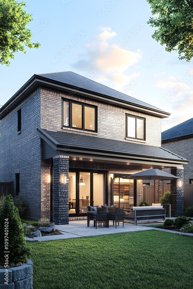 Modern two-story house with a patio and landscaped garden. Modern two-story house with a patio and landscaped garden.
