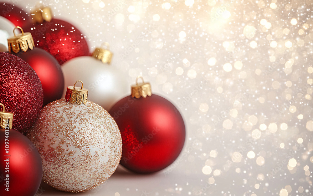 Festive Christmas ornaments in red, white, and gold create a cheerful backdrop for holiday greetings, perfect for cards, decorations, and seasonal marketing. Festive Christmas ornaments in red, white, and gold create a cheerful backdrop for holiday greetings, perfect for cards, decorations, and seasonal marketing.