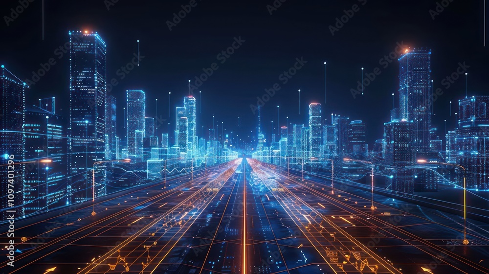 Futuristic cityscape with glowing skyscrapers and illuminated roads. Futuristic cityscape with glowing skyscrapers and illuminated roads.