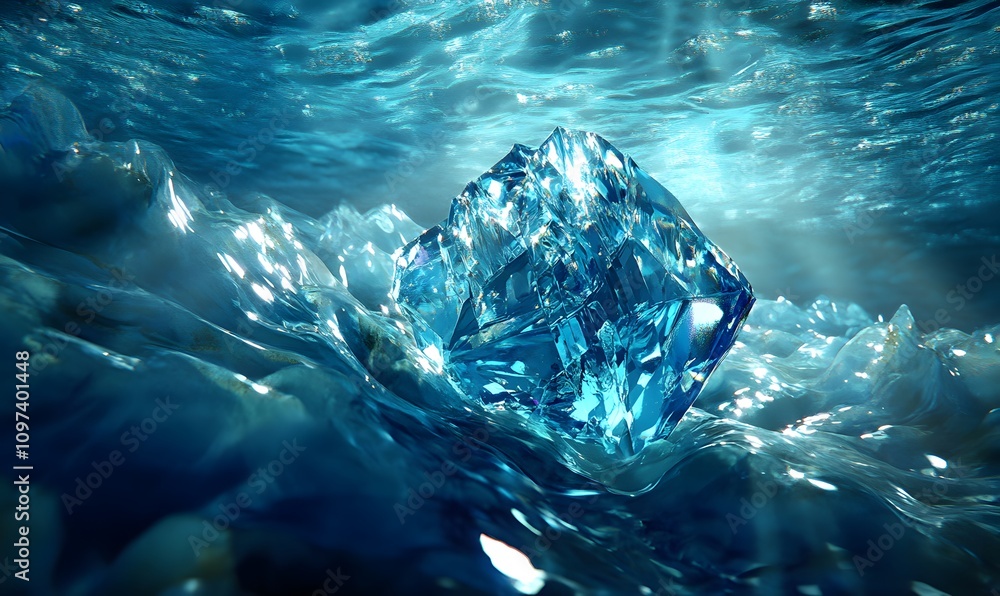 Underwater scene with a large, clear ice cube resting on an icy seabed, illuminated by sunlight from above. Underwater scene with a large, clear ice cube resting on an icy seabed, illuminated by sunlight from above.