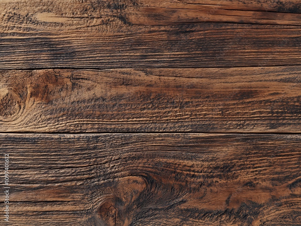 Naklejka premium Aged wood texture with a rough surface and deep grain lines in various shades of brown and black, showcasing natural imperfections and rustic characteristics.