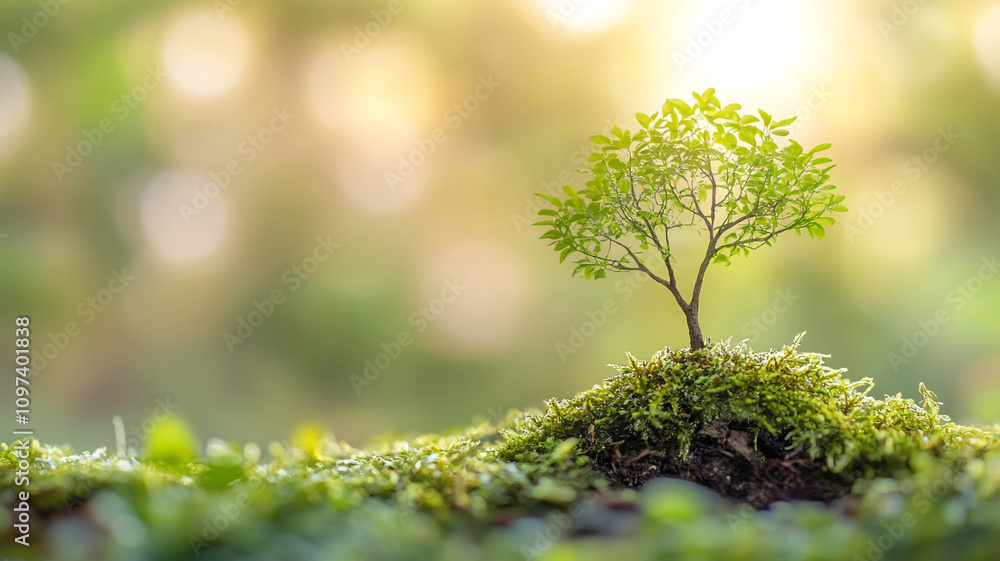 Small young tree grows on lush mossy ground in softly lit environment with blurred background Small young tree grows on lush mossy ground in softly lit environment with blurred background