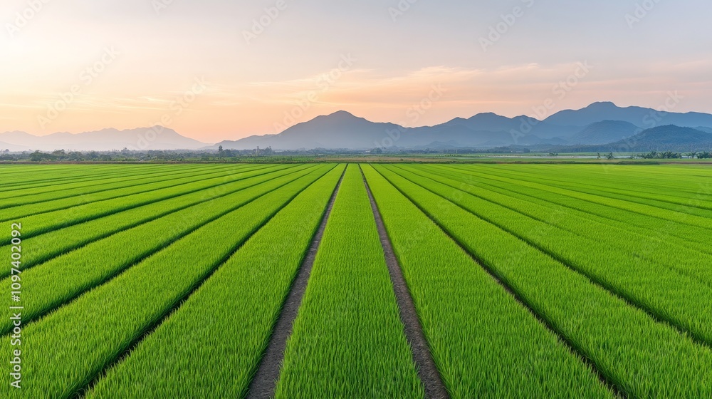 Serene Green Field at Sunset: A breathtaking aerial view of a lush green field stretching towards a distant mountain range, bathed in the warm glow of a setting sun. The scene evokes a sense of peace. Serene Green Field at Sunset: A breathtaking aerial view of a lush green field stretching towards a distant mountain range, bathed in the warm glow of a setting sun. The scene evokes a sense of peace.