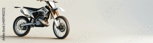 A sleek, modern dirt bike stands against a minimalistic background, showcasing its rugged design and performance features. photo