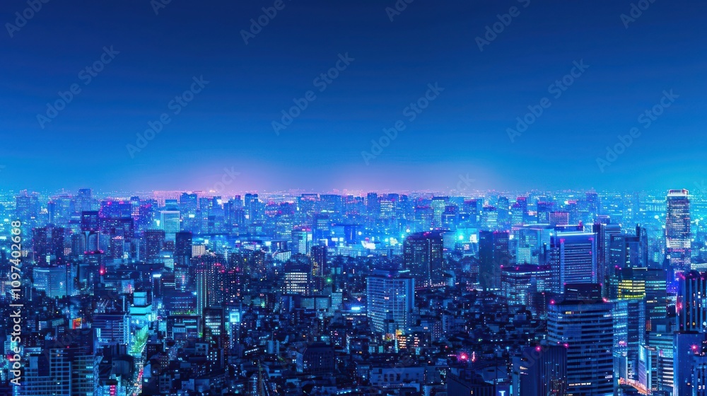 Obraz premium A vibrant city skyline illuminated at night, showcasing urban life and architecture.