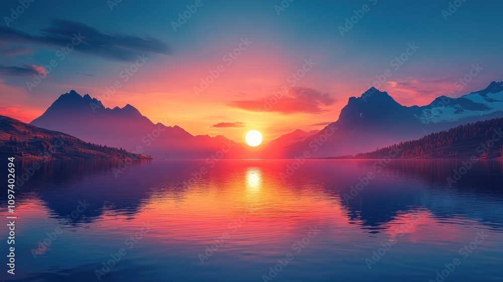 Majestic Sunset Over Calm Mountain Lake Water Majestic Sunset Over Calm Mountain Lake Water