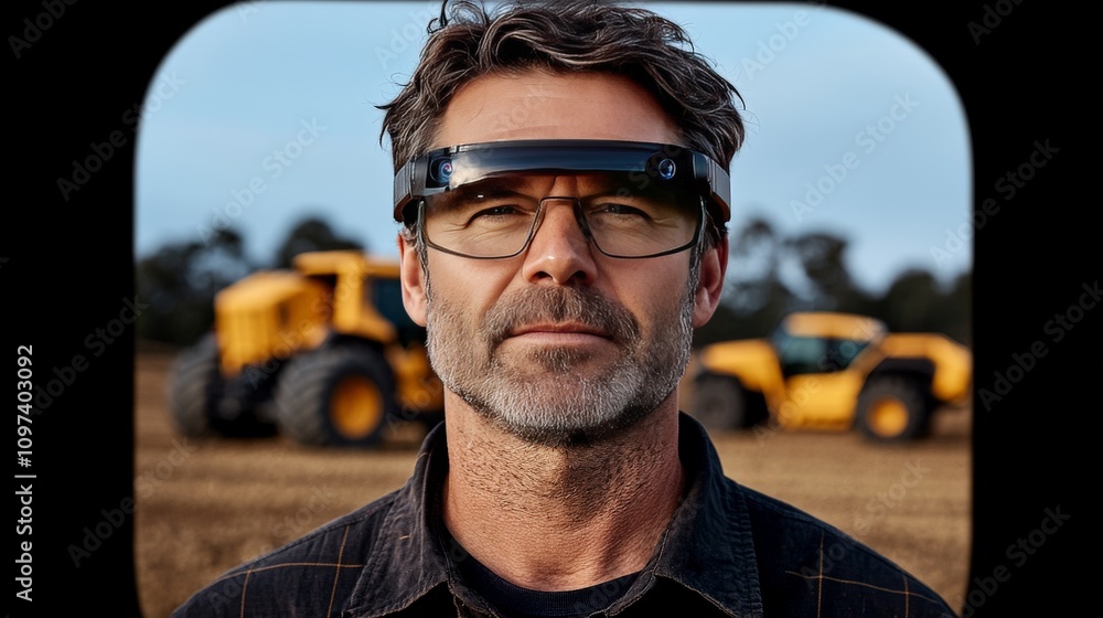 Man in glasses standing in front of heavy agricultural machinery in a sunny field symbolizing rural technology advancements and modern equipments role in revolutionizing farming practices Man in glasses standing in front of heavy agricultural machinery in a sunny field symbolizing rural technology advancements and modern equipments role in revolutionizing farming practices