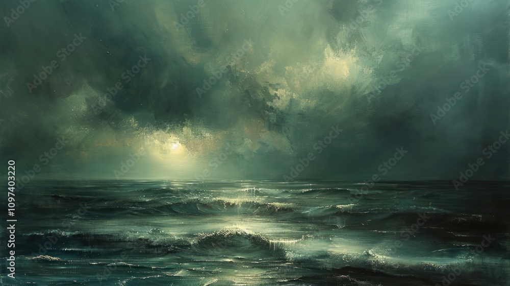 Obraz premium Dramatic seascape painting with dark clouds and moody ocean waves at sunset.