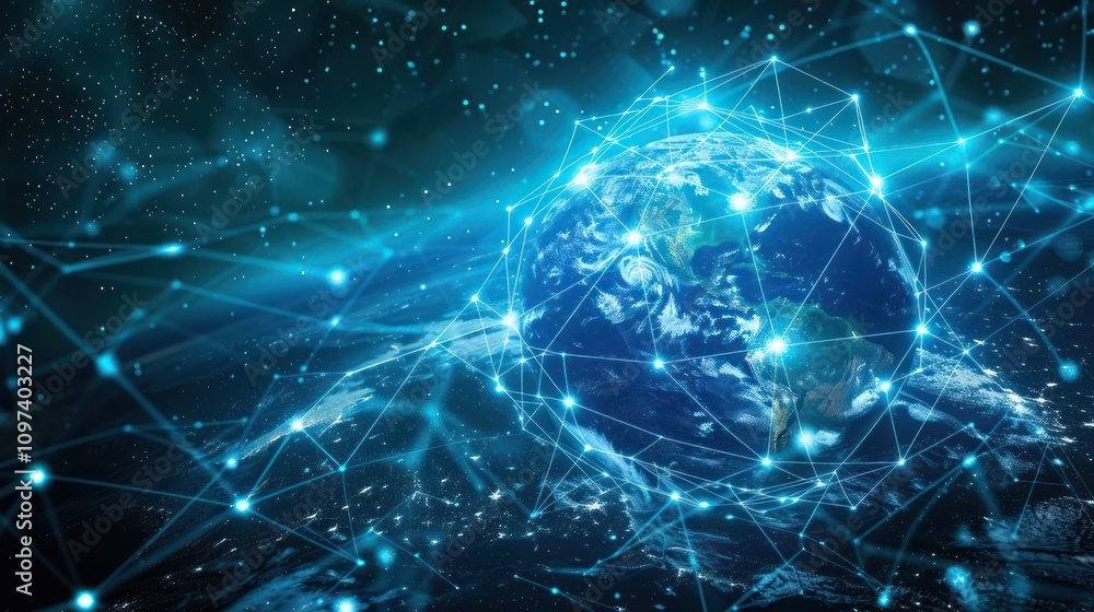 A digital representation of Earth connected by networks, symbolizing global connectivity.