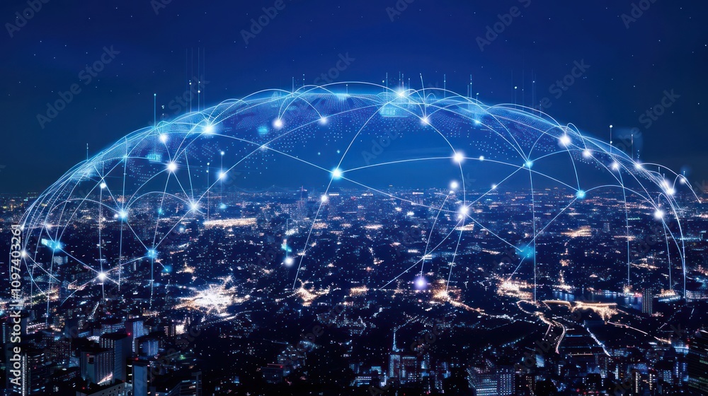 A digital network overlaying a cityscape, symbolizing connectivity and technology. A digital network overlaying a cityscape, symbolizing connectivity and technology.