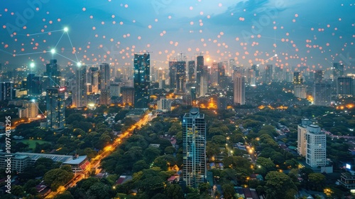 A vibrant city skyline at dusk with glowing lanterns and greenery below.