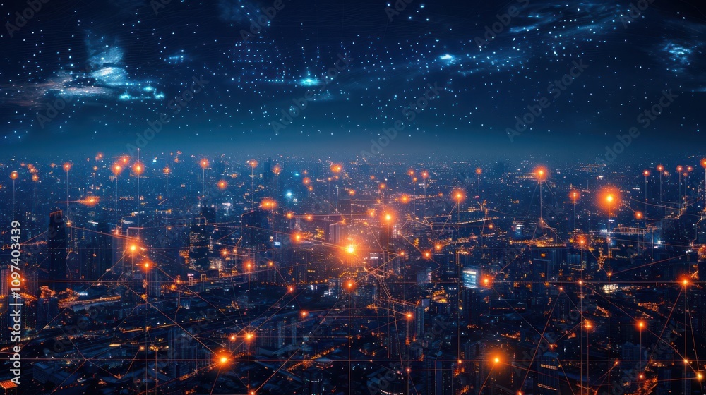 Fototapeta premium A digital representation of a cityscape illuminated by network connections and data flow.